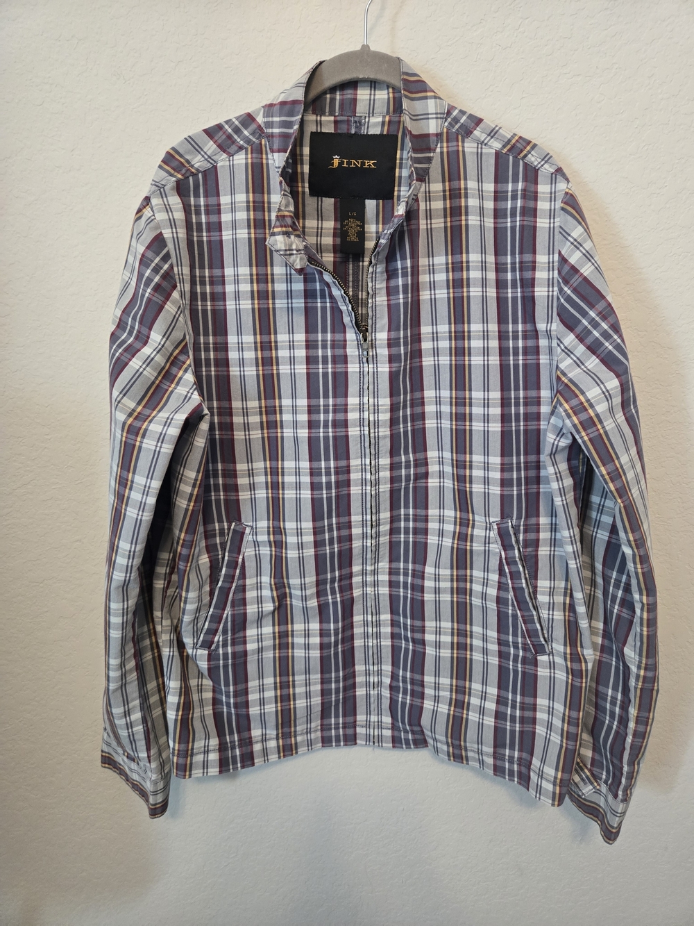 J.INK Plaid Zip-Front Shirt Jacket in Blue, White & Burgundy LARGE